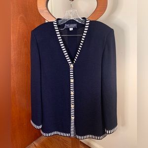 St. John by Marie Gray Cardigan/Blazer With Belt, Sz 10, Navy Blue/White